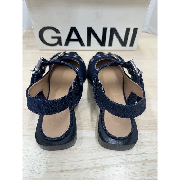 Ganni Size 39 Double-Buckled Blue Denim Ballerina Shoes Flats - NEW - Picture 4 of 11